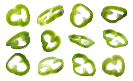 Image of Set of cut ripe green bell peppers on white background