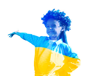 Image of Double exposure of cute little girl wearing flower wreath and Ukrainian flag 