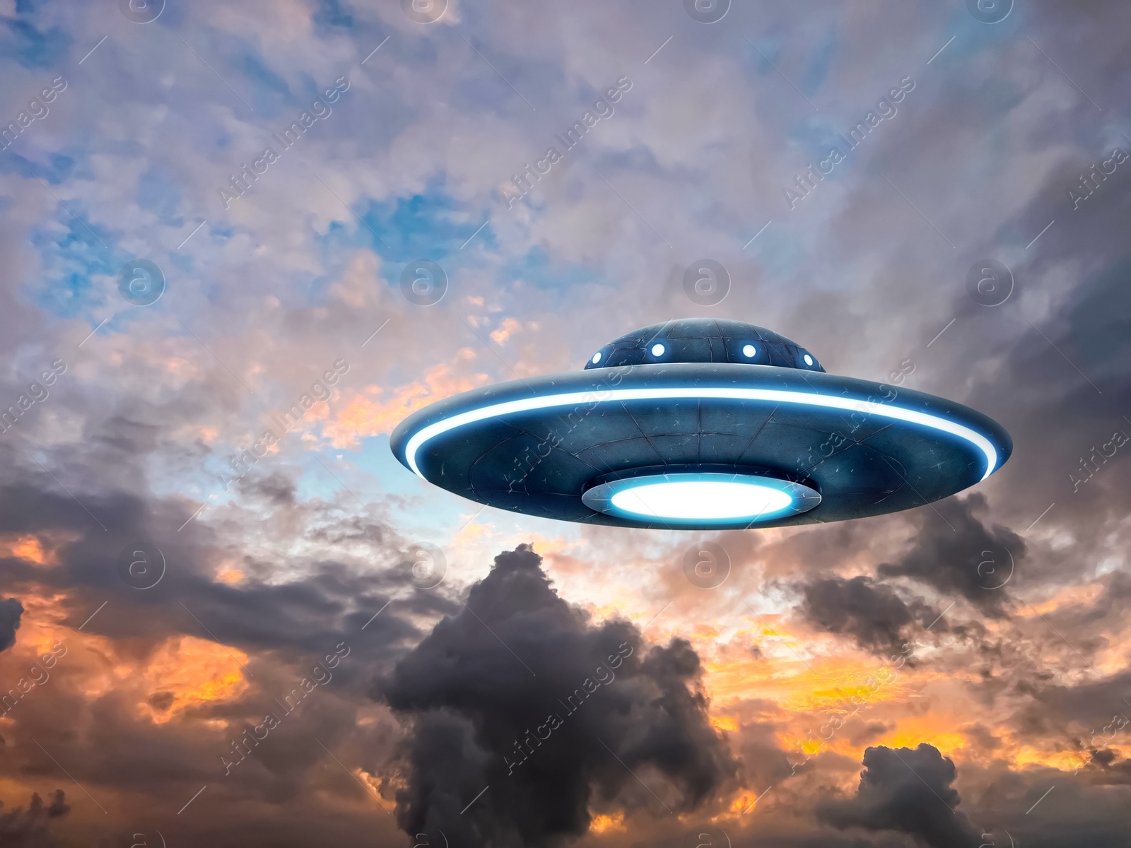 Image of UFO. Alien spaceship among clouds in sky. Extraterrestrial visitors