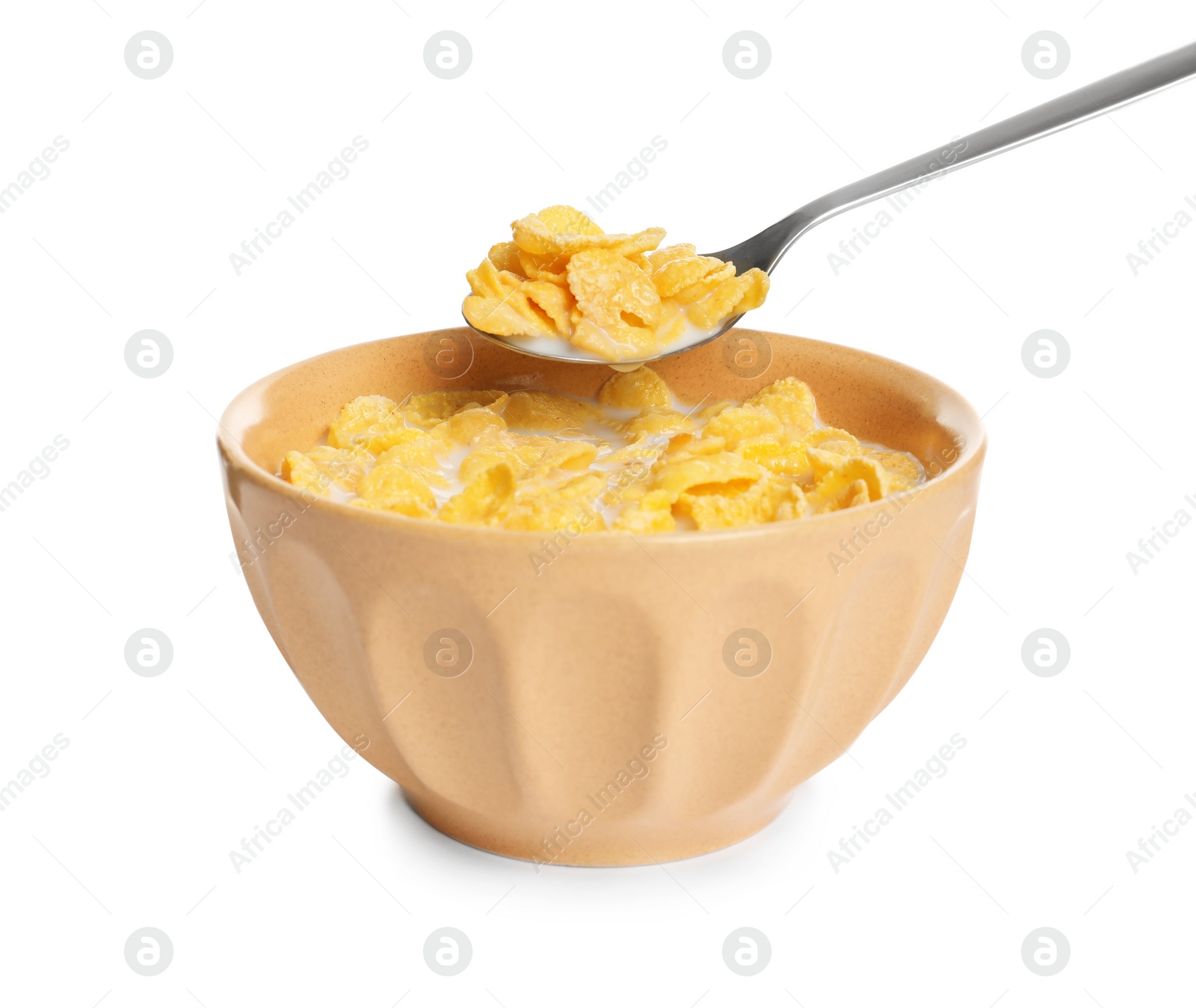 Photo of Woman eating cornflakes with milk on white background