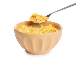 Photo of Woman eating cornflakes with milk on white background