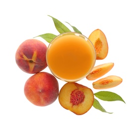 Photo of Freshly made tasty peach juice on white background, top view