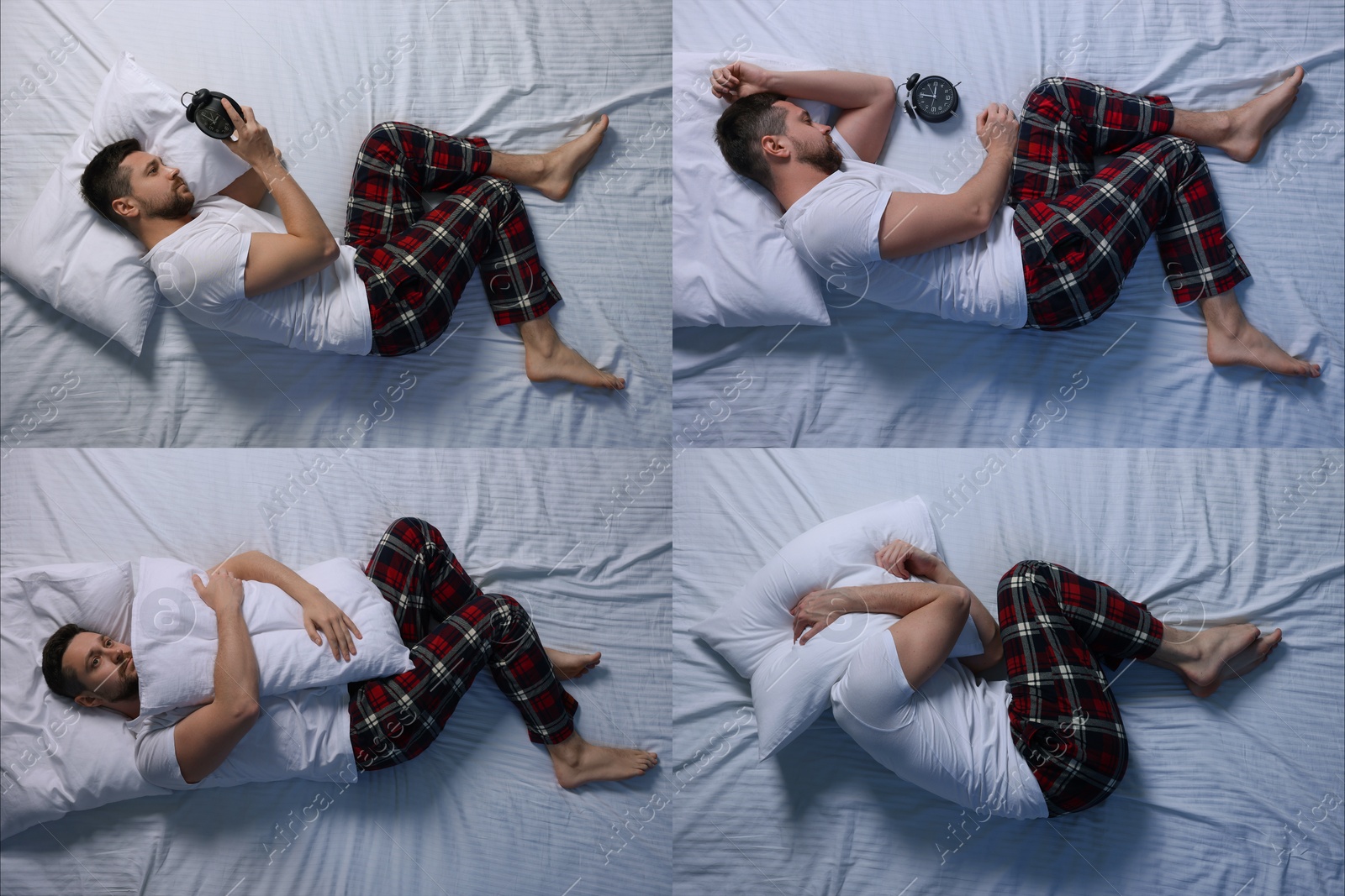 Image of Man suffering from insomnia, set of photos. Sleep disorder