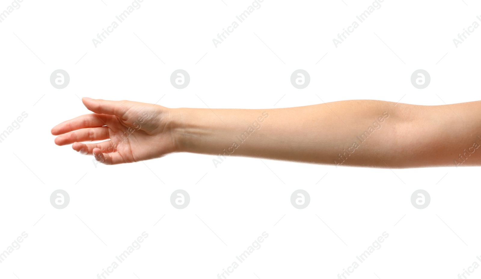 Photo of Young woman reaching hand for shake on white background, closeup