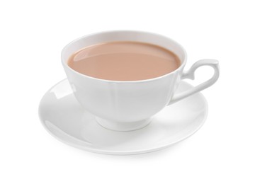 Photo of Delicious tea with milk on white background