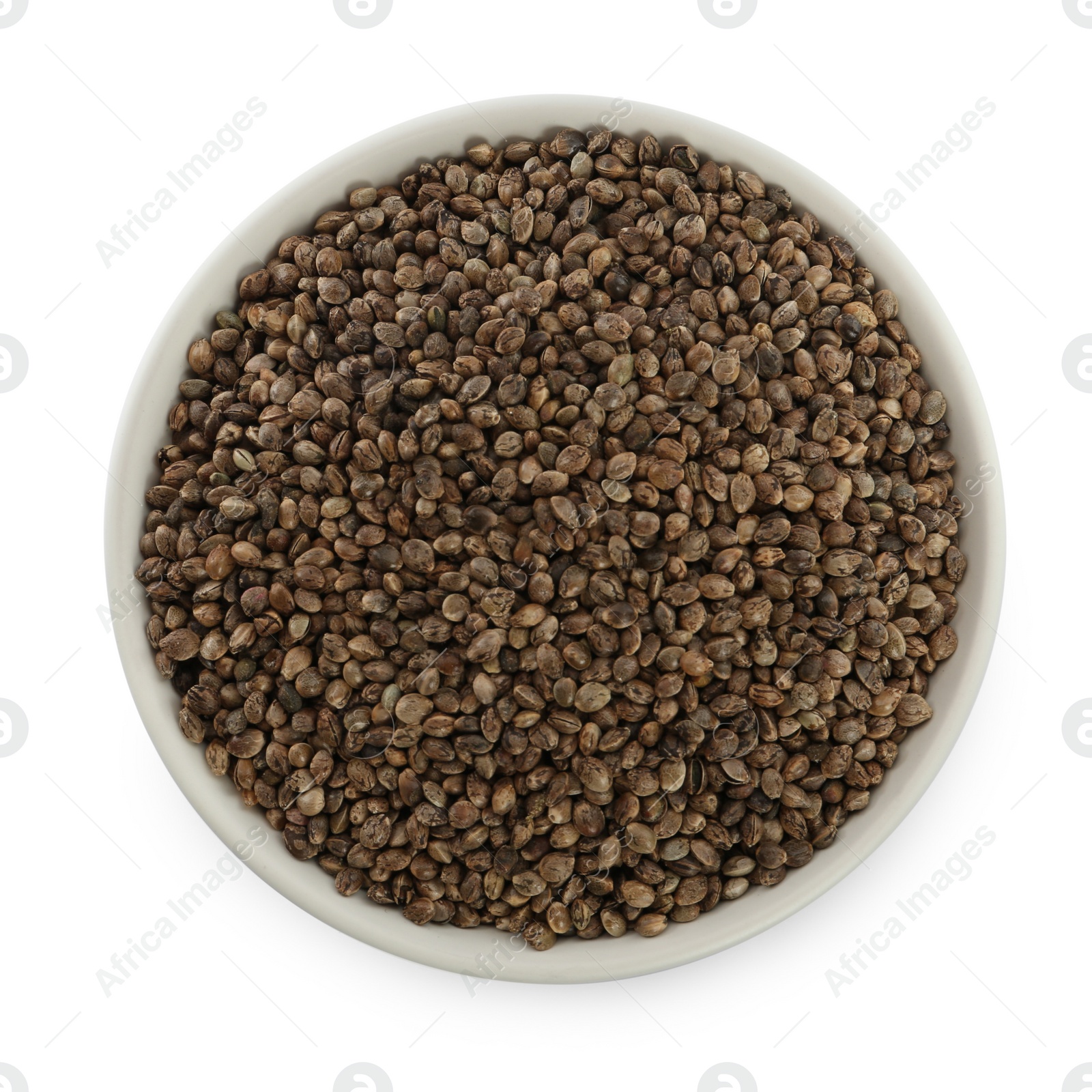 Photo of Ceramic bowl with chia seeds isolated on white, top view. Cooking utensil