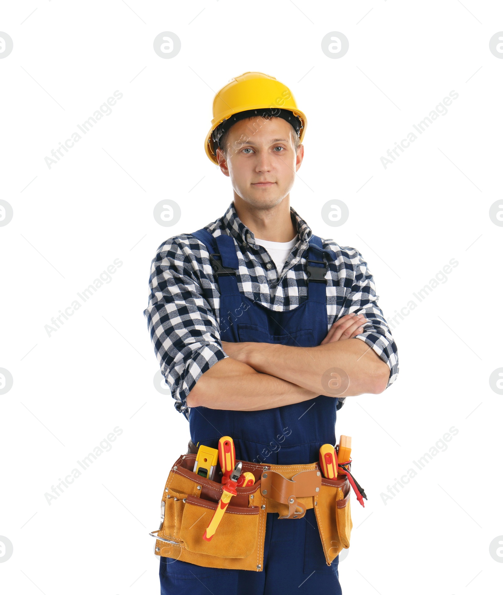 Photo of Electrician with tools wearing uniform on white background