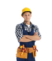 Photo of Electrician with tools wearing uniform on white background