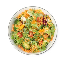 Photo of Bowl of delicious salad with lentils and vegetables isolated on white, top view