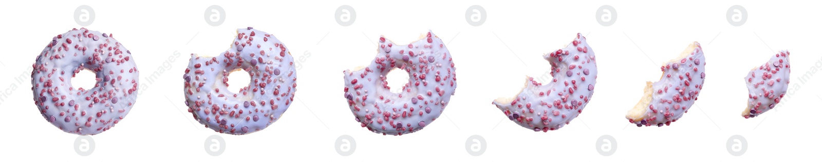 Image of Eating tasty donut. Collage with pieces of dessert isolated on white