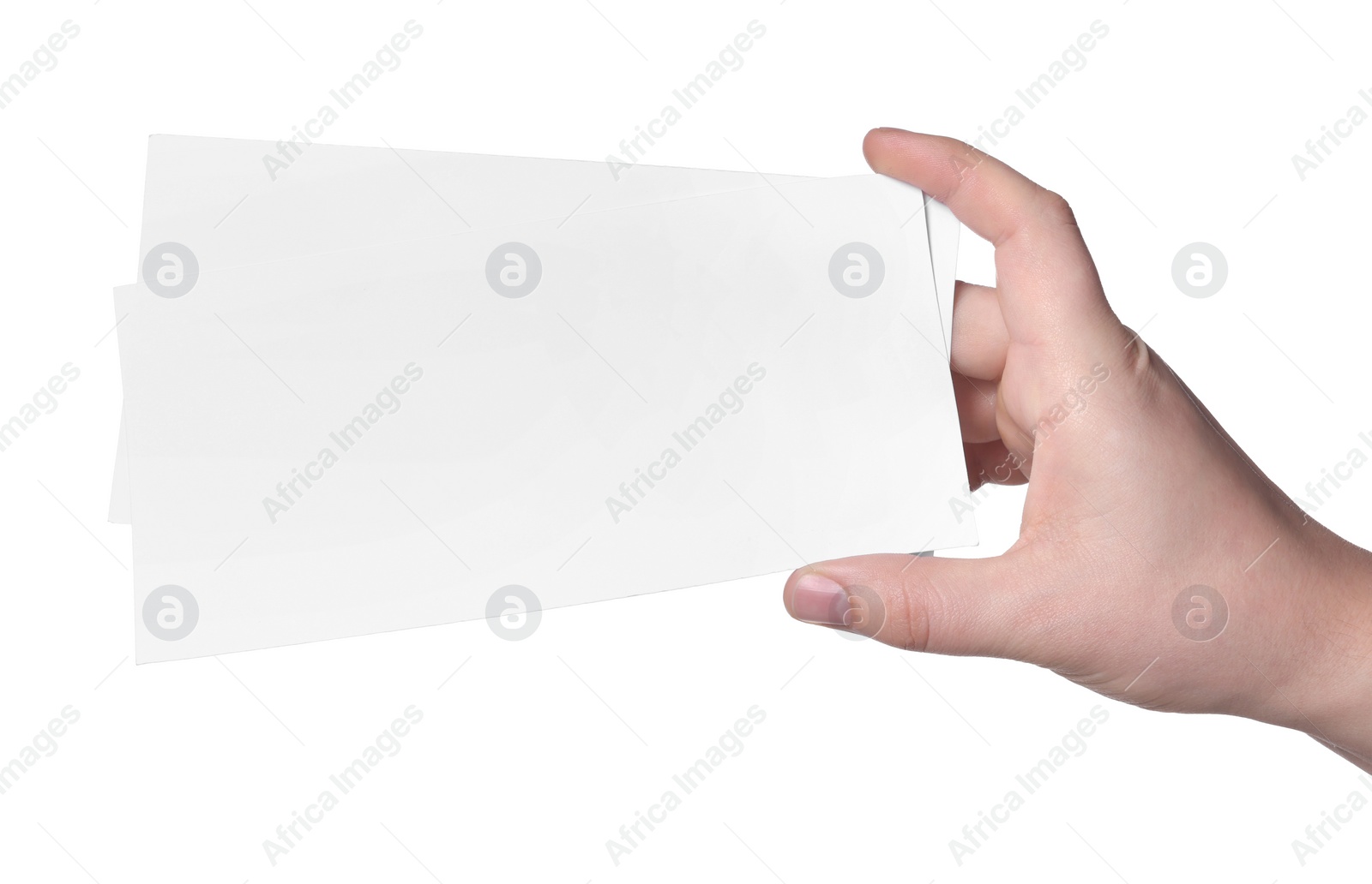 Photo of Woman holding flyers on white background, closeup. Mockup for design