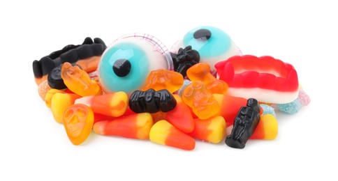 Delicious colorful candies on white background. Halloween sweets