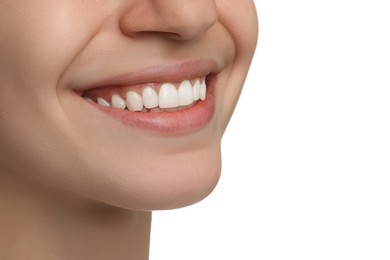Photo of Woman with healthy teeth on white background, closeup