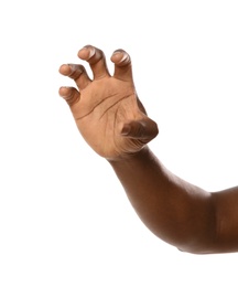 Photo of African-American man holding something in hand on white background, closeup