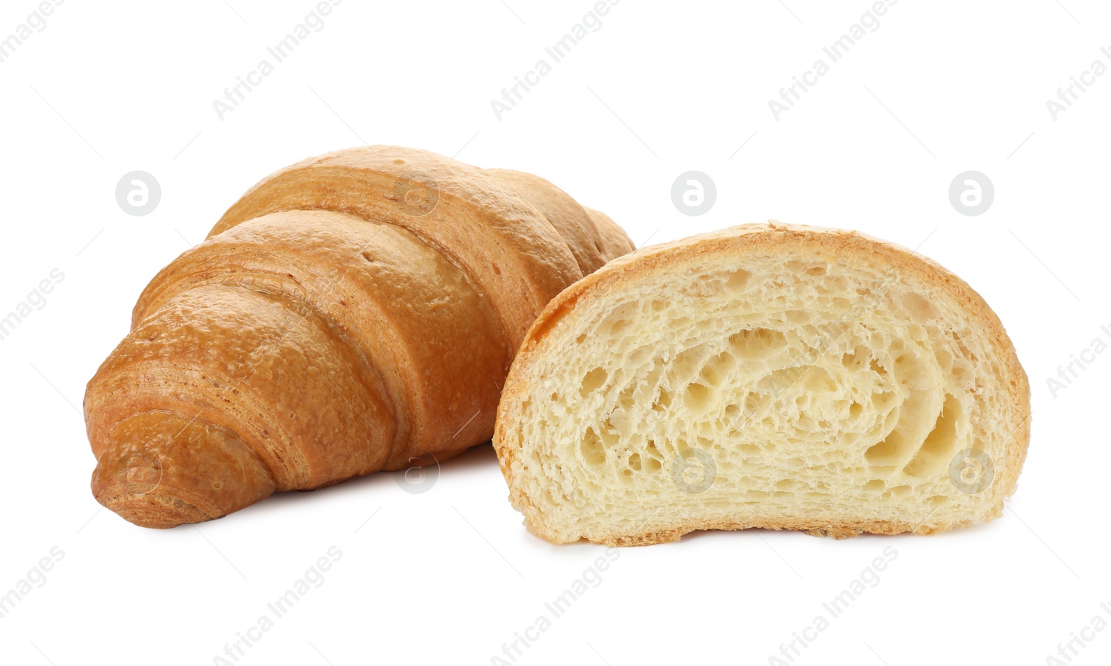 Photo of Delicious croissants isolated on white. Freshly baked pastries