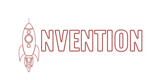 Illustration of Word Invention with illustration of rocket instead of letter I on white background