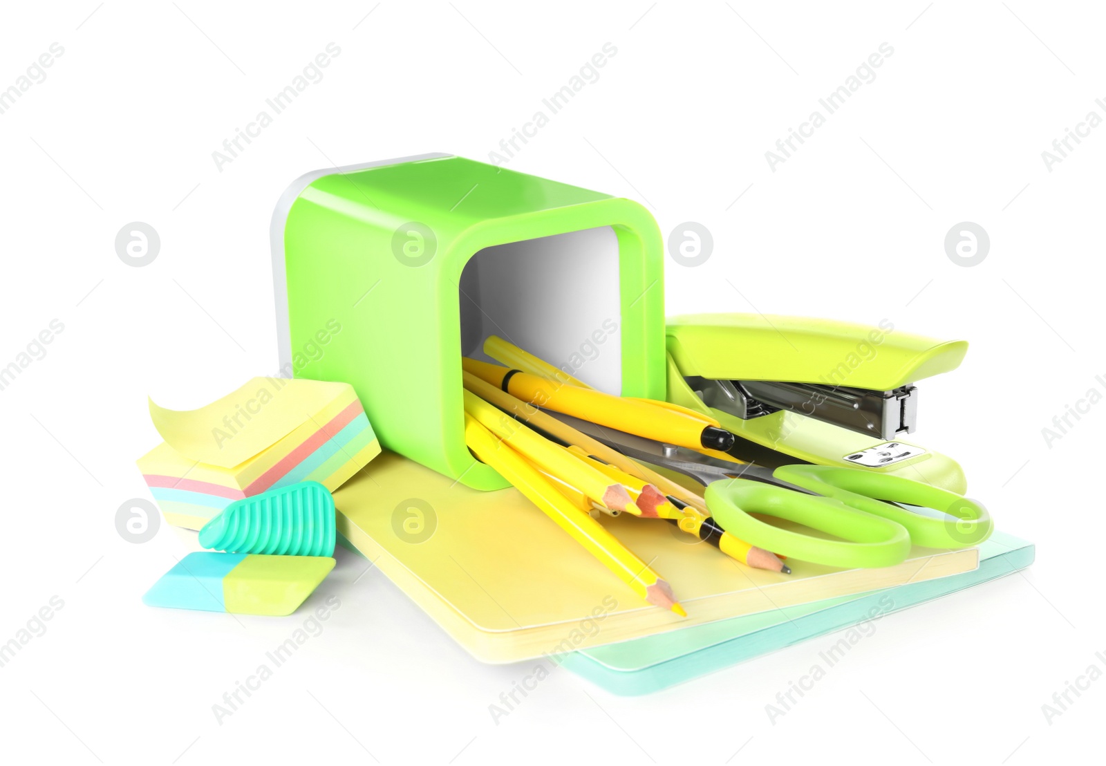 Photo of Set of colorful school stationery on white background