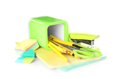 Photo of Set of colorful school stationery on white background