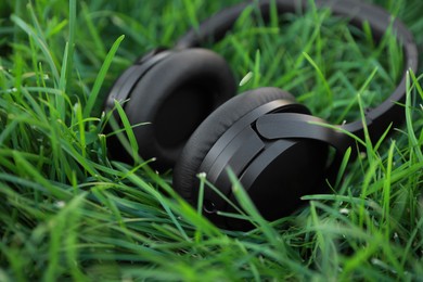 Photo of Black wireless headphones on green grass outdoors, closeup