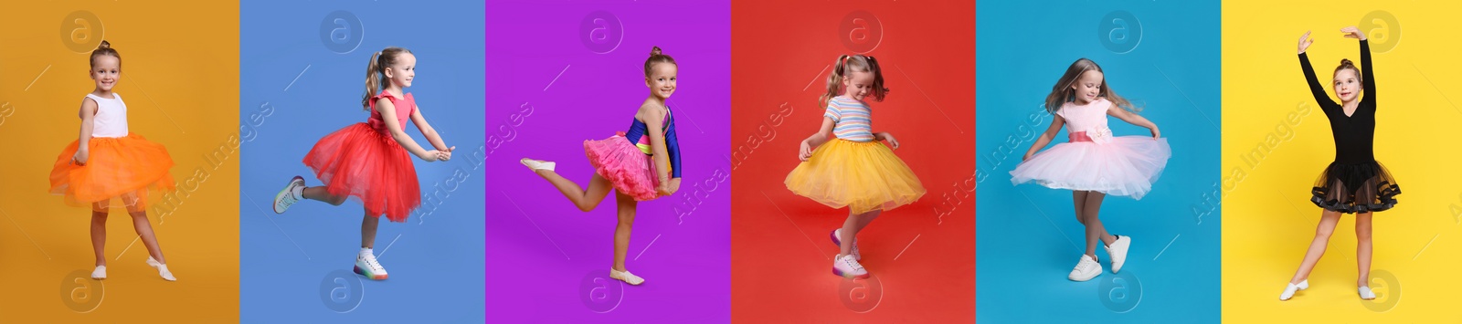 Image of Cute little girls dancing on different colors backgrounds, collection of photos