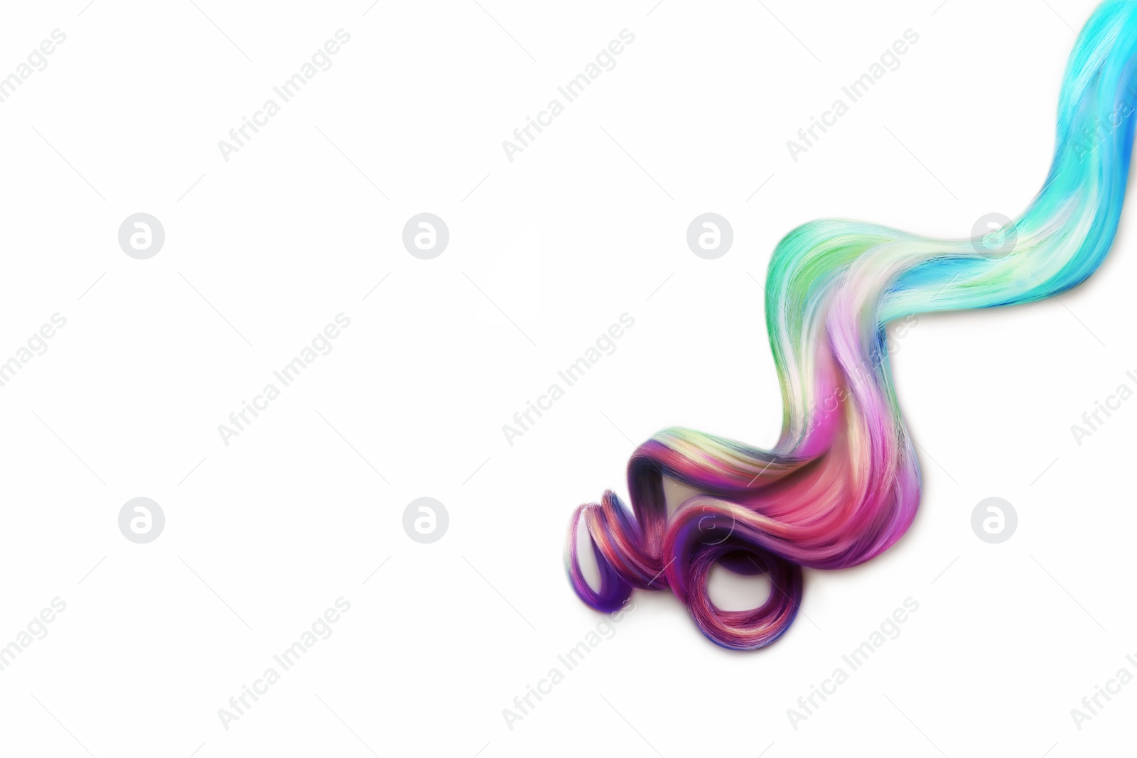 Image of Beautiful curly multicolored hair on white background, top view