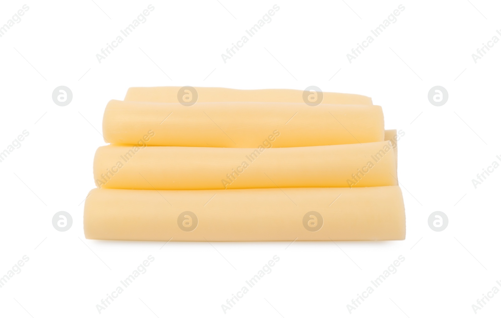 Photo of Slices of tasty fresh cheese isolated on white