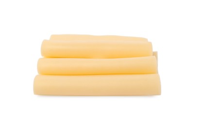 Photo of Slices of tasty fresh cheese isolated on white