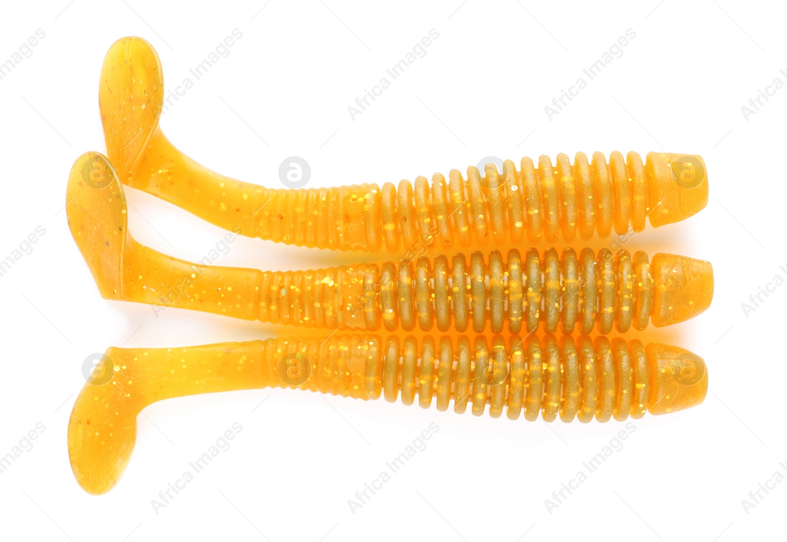 Photo of Rubber worms on white background, top view. Fishing lure