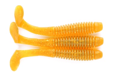 Photo of Rubber worms on white background, top view. Fishing lure