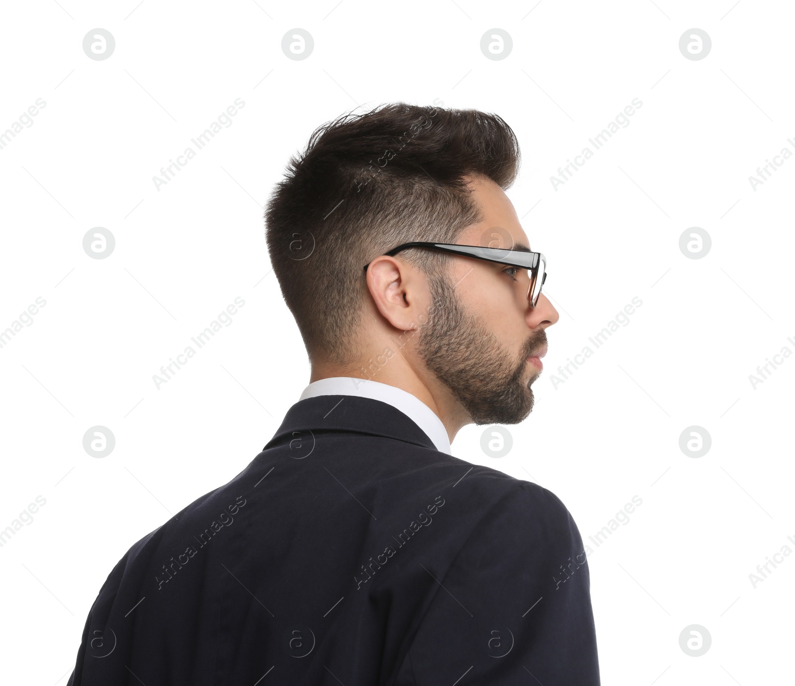 Photo of Young businessman in suit on white background