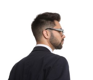 Young businessman in suit on white background