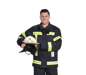 Photo of Portrait of firefighter in uniform with helmet on white background