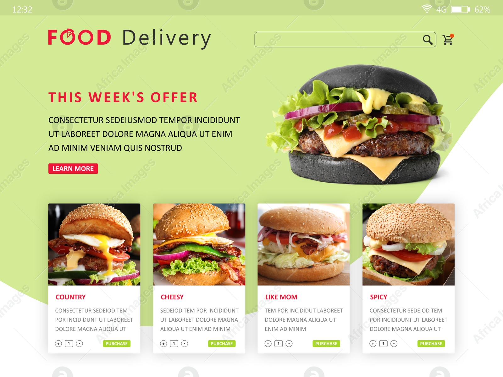 Image of Food delivery app. Display with appetizing menu