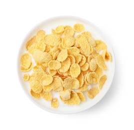Photo of Breakfast cereal. Tasty corn flakes with milk in bowl isolated on white, top view