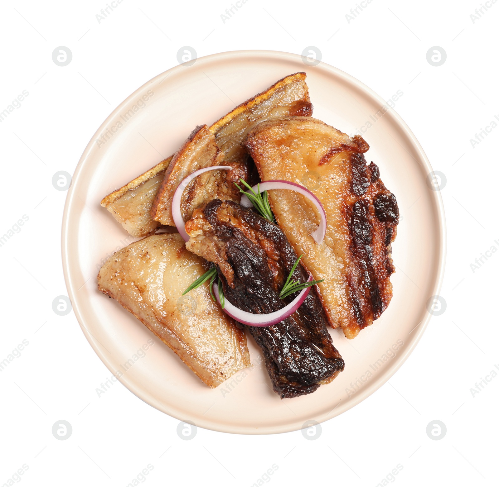 Photo of Tasty fried pork lard with rosemary and onion isolated on white, top view