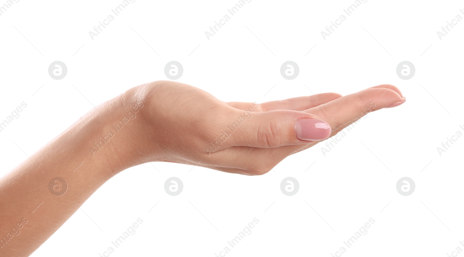 Photo of Woman holding hand palm up on white background, closeup