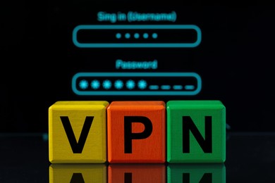 Acronym VPN (Virtual Private Network) made of colorful cubes on dark background