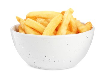 Photo of Bowl with tasty French fries on white background