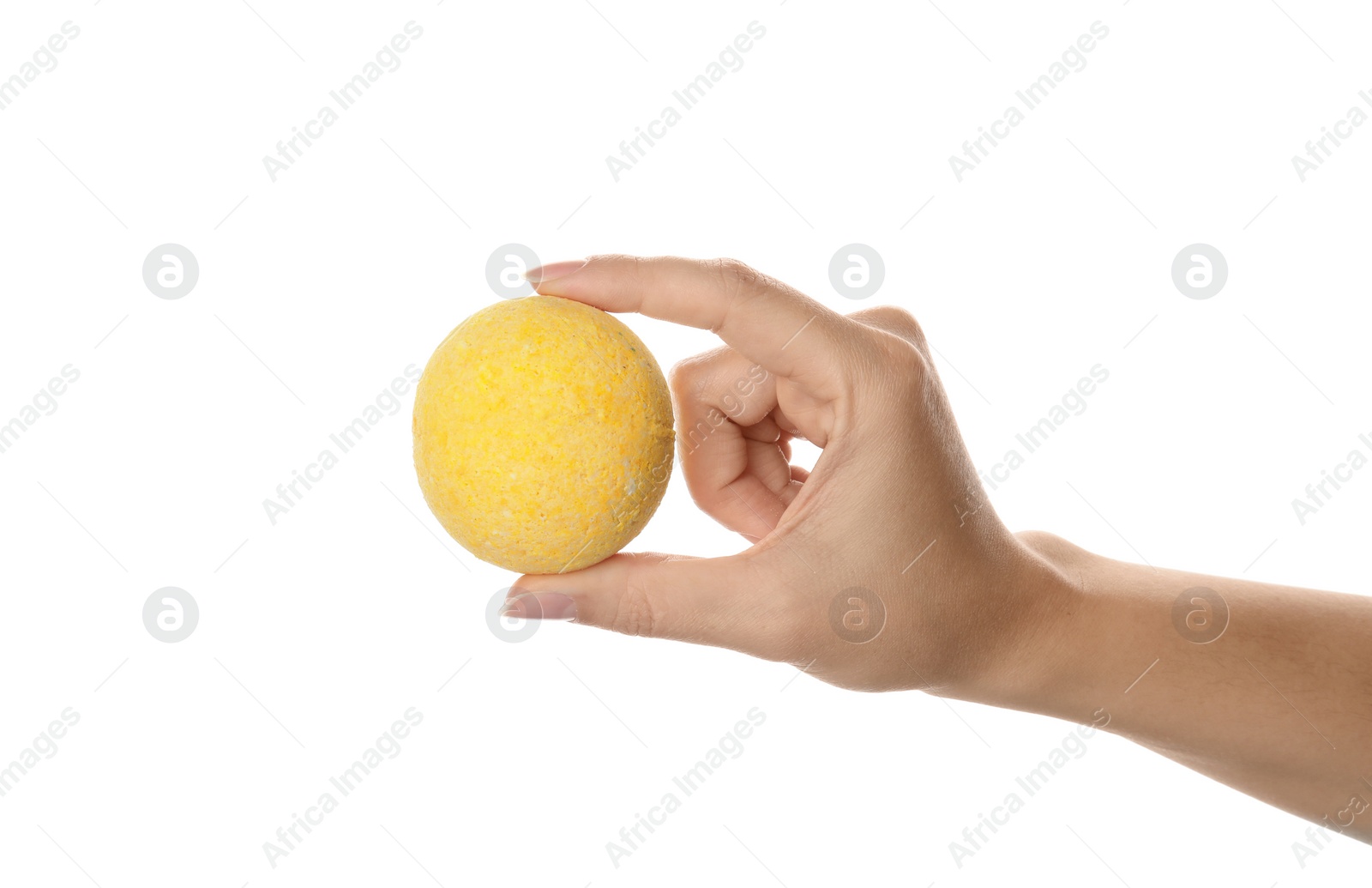 Photo of Woman holding bath bomb on white background, closeup