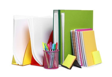 Photo of Bright office folders and different stationery isolated on white