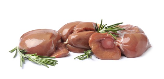 Photo of Fresh raw beef kidneys with rosemary on white background