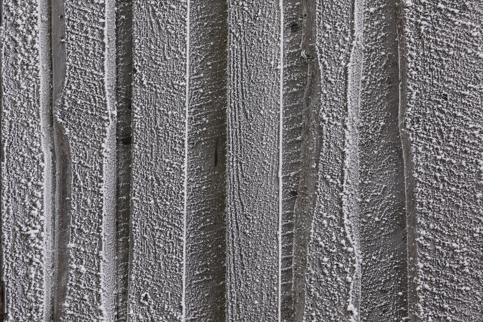 Photo of Wooden wall covered with hoarfrost on snowy day, closeup