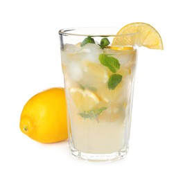 Refreshing lemonade with ice and mint in glass on white background