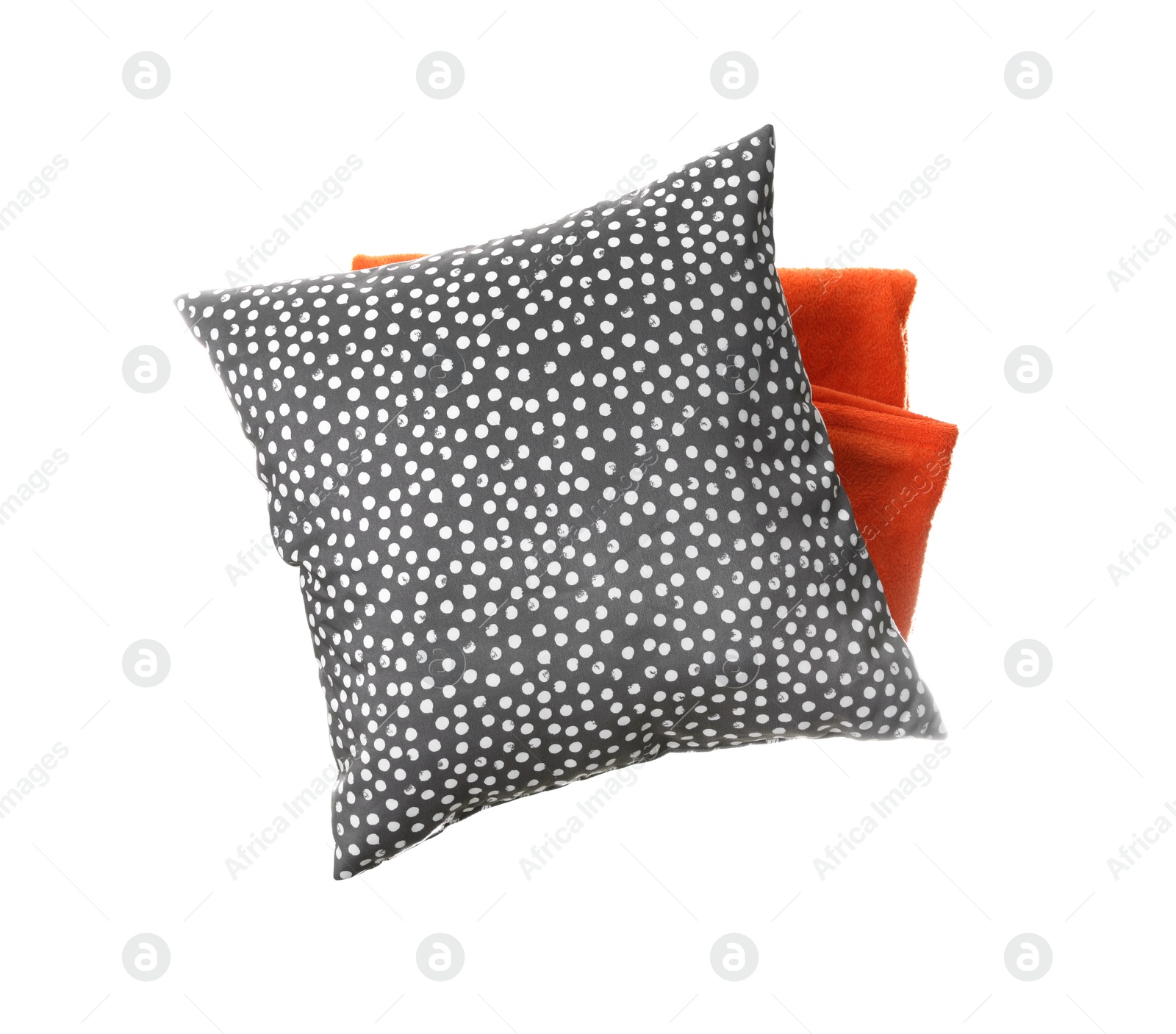 Photo of Stylish pillow and plaid isolated on white, top view