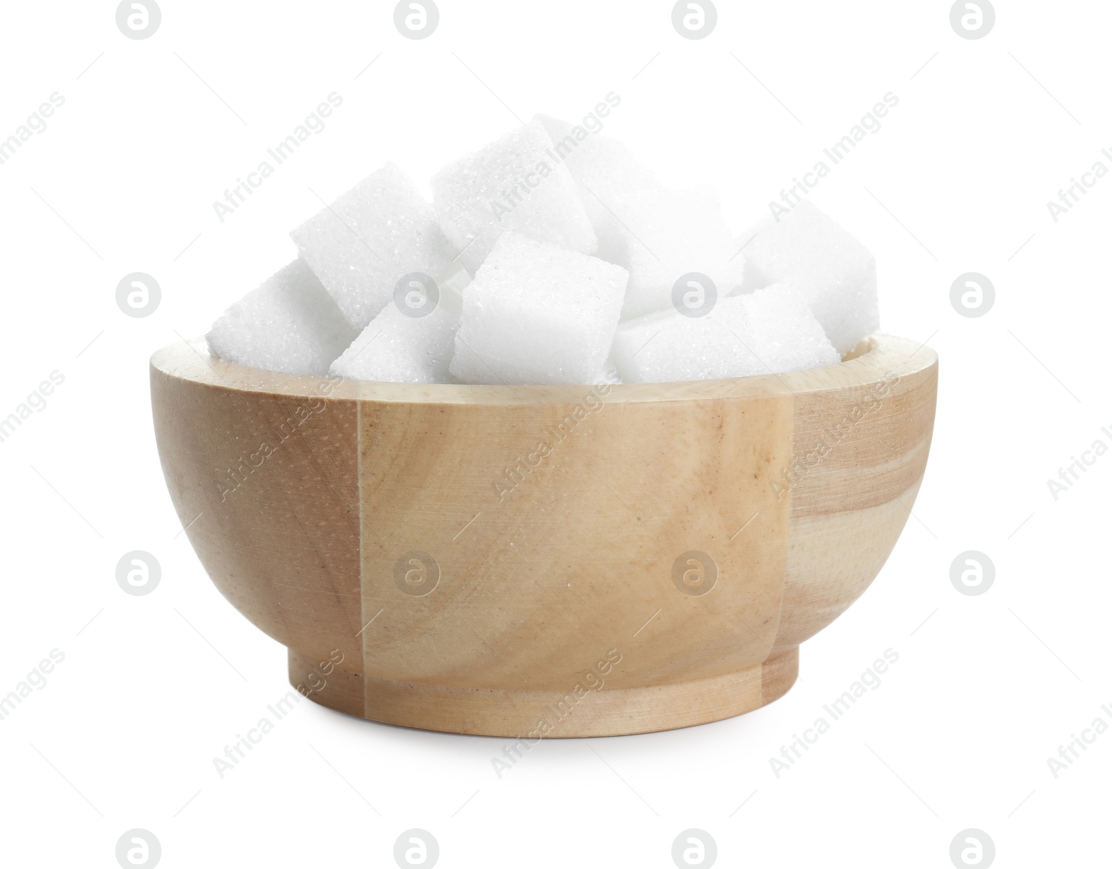 Photo of Sugar cubes in wooden bowl isolated on white