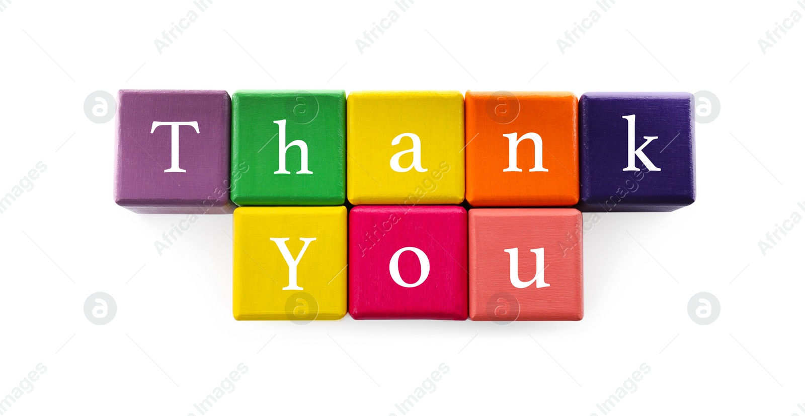 Photo of Phrase Thank You made of colorful cubes on white background, top view