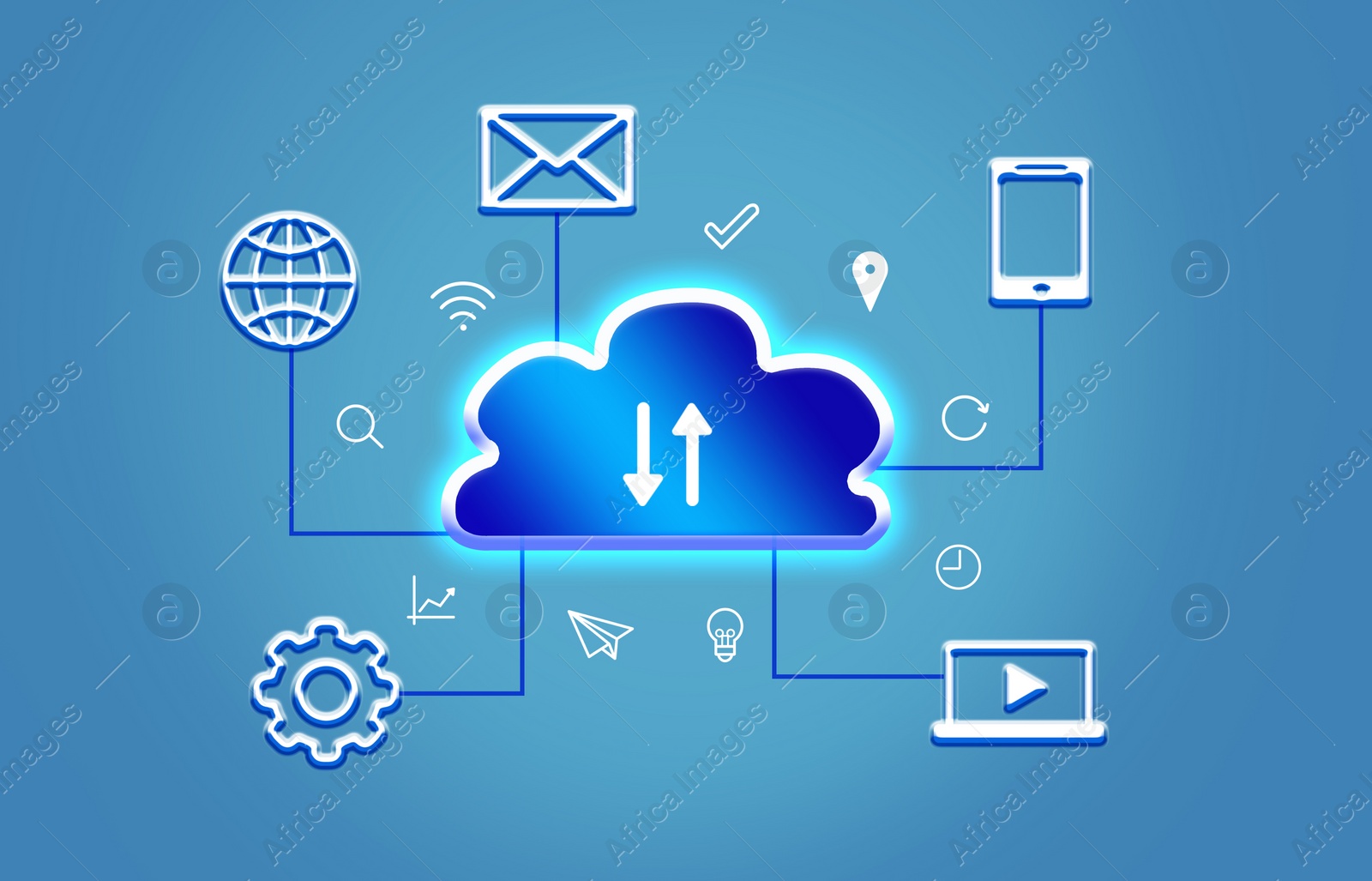 Illustration of  digital cloud with different icons on blue background. Modern technology concept 