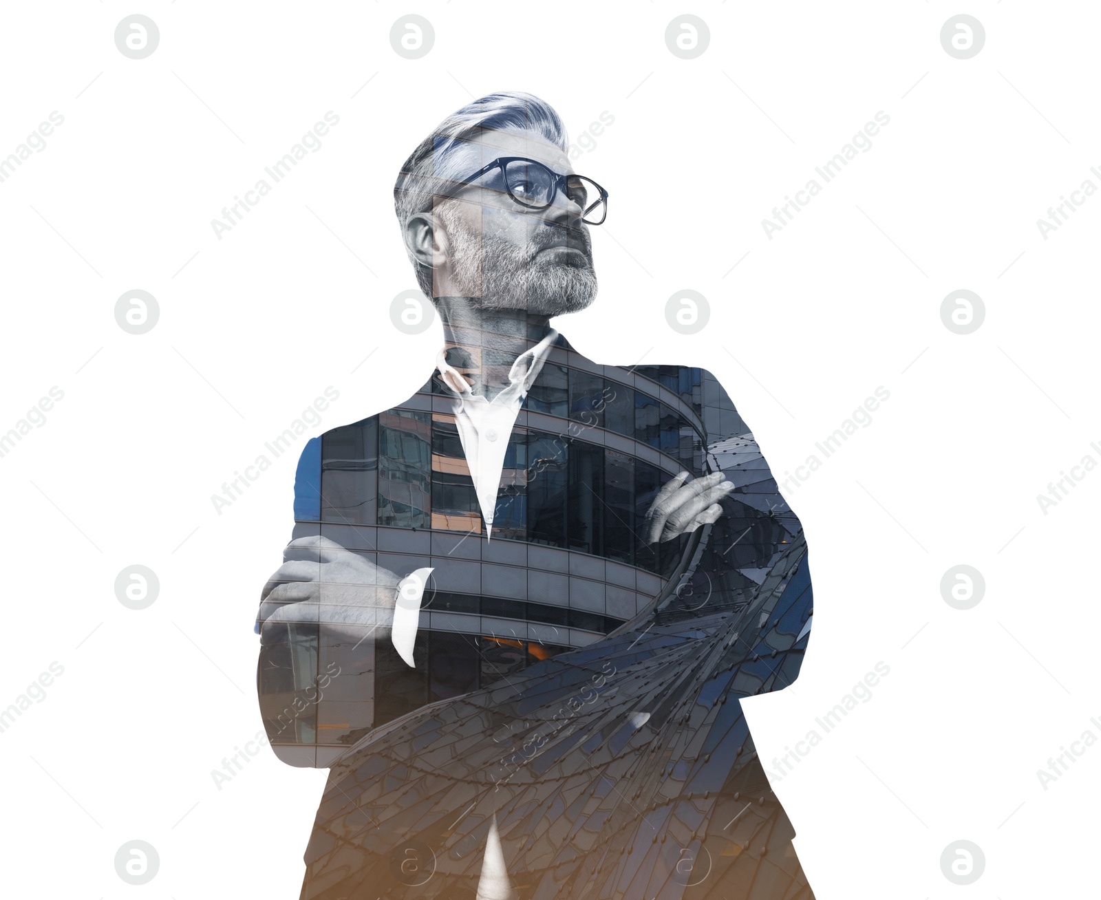 Image of Double exposure of businessman and office buildings