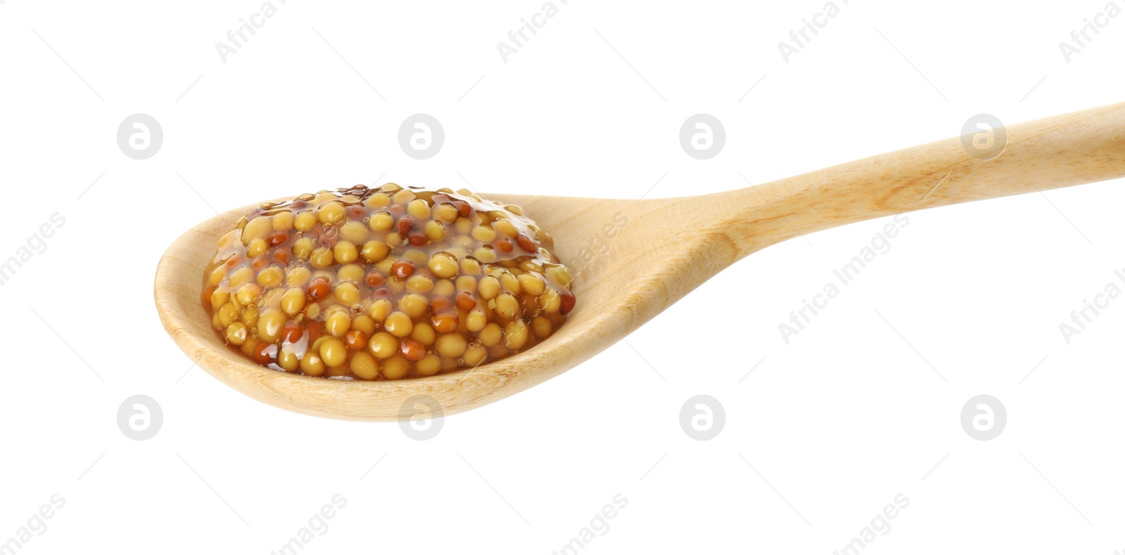 Photo of Spoon with fresh whole grain mustard isolated on white