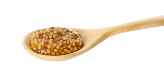 Photo of Spoon with fresh whole grain mustard isolated on white